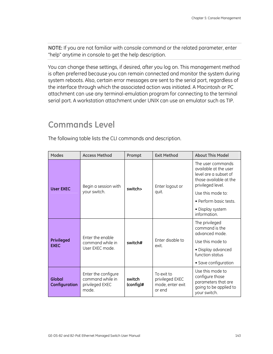 Commands level, Commands level 143 | GE DS-82 User Manual | Page 147 / 226