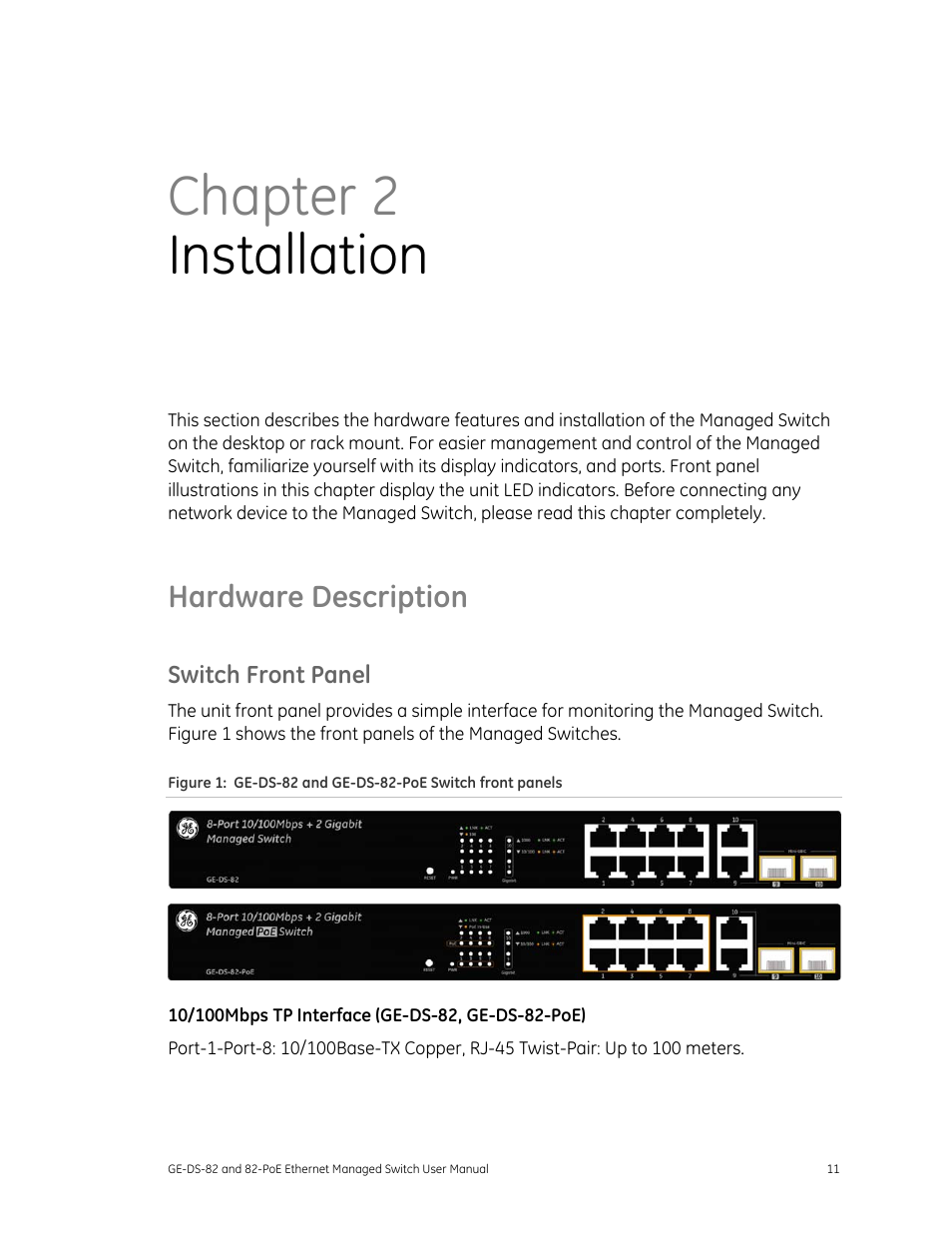 Hardware description, Switch front panel, Chapter 2 installation | GE DS-82 User Manual | Page 15 / 226
