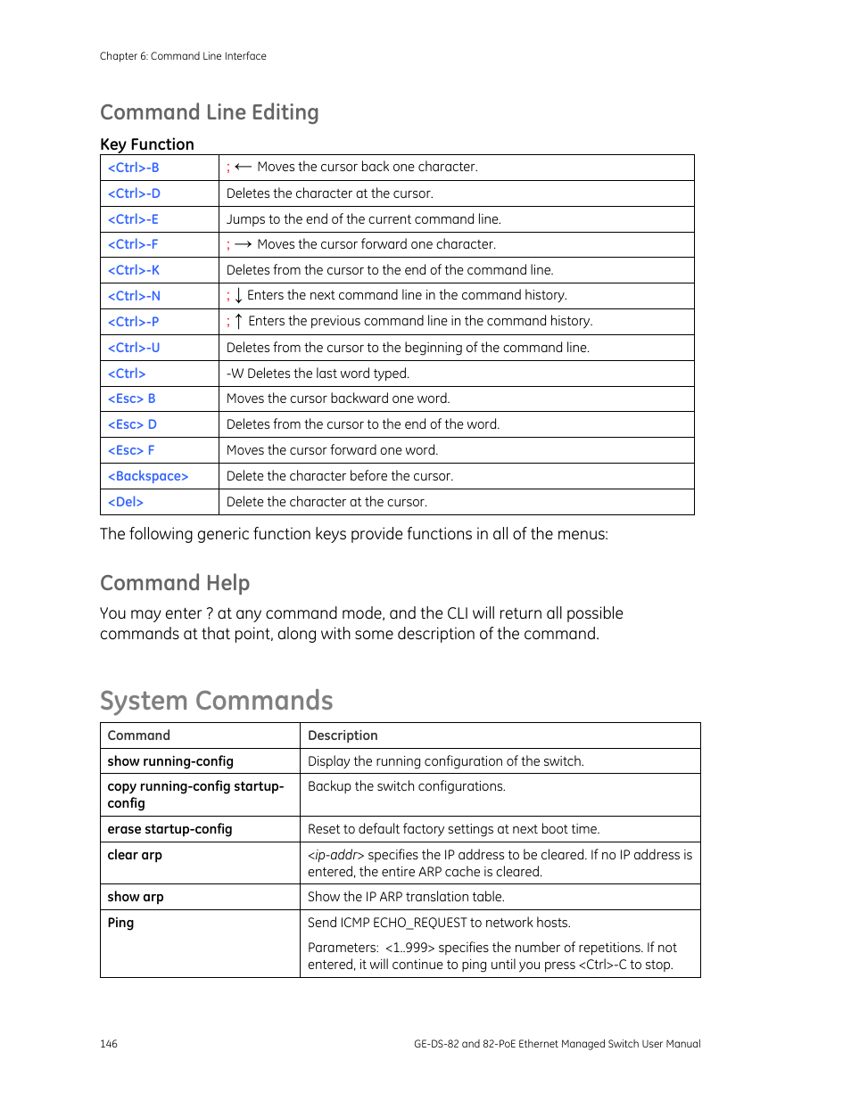 Command line editing, Command help, System commands | System commands 146 | GE DS-82 User Manual | Page 150 / 226