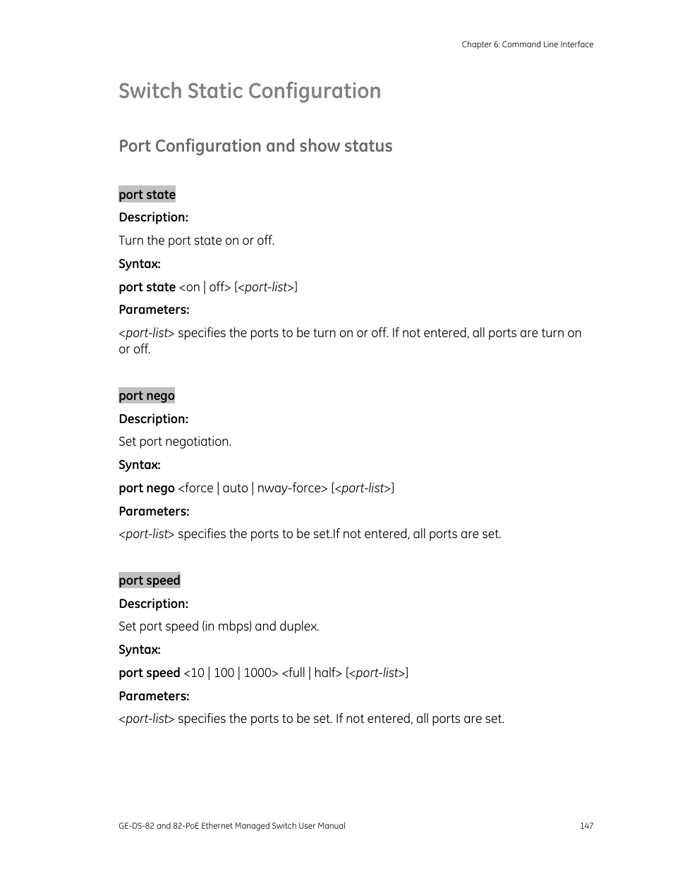 Switch static configuration, Port configuration and show status, Iguration 147 | GE DS-82 User Manual | Page 151 / 226