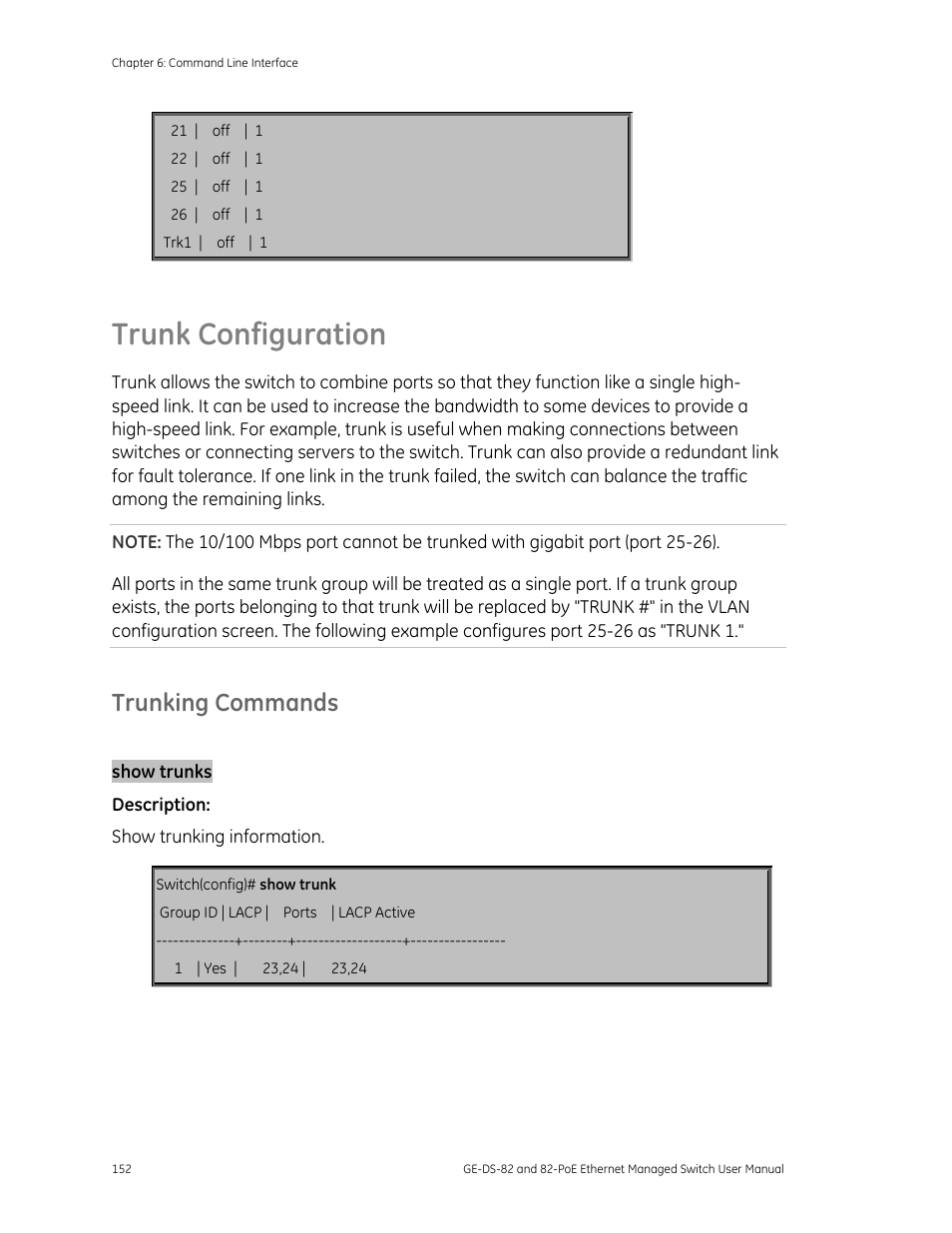 Trunk configuration, Trunking commands | GE DS-82 User Manual | Page 156 / 226