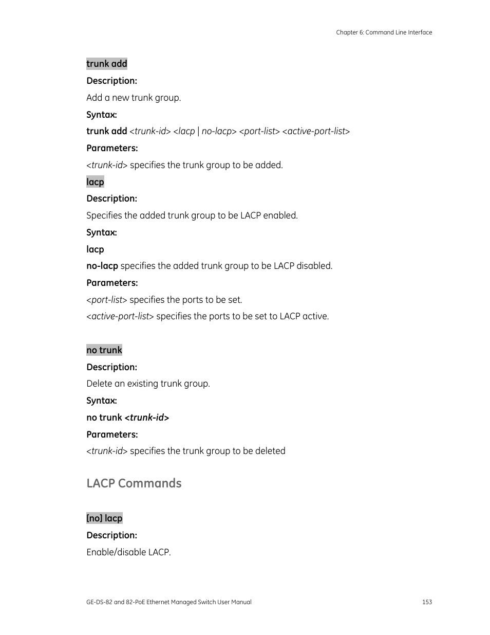Lacp commands | GE DS-82 User Manual | Page 157 / 226
