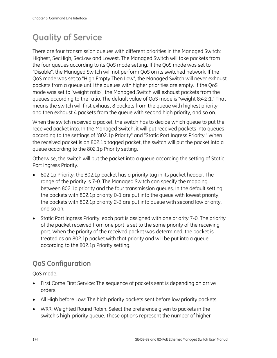 Quality of service, Qos configuration | GE DS-82 User Manual | Page 178 / 226