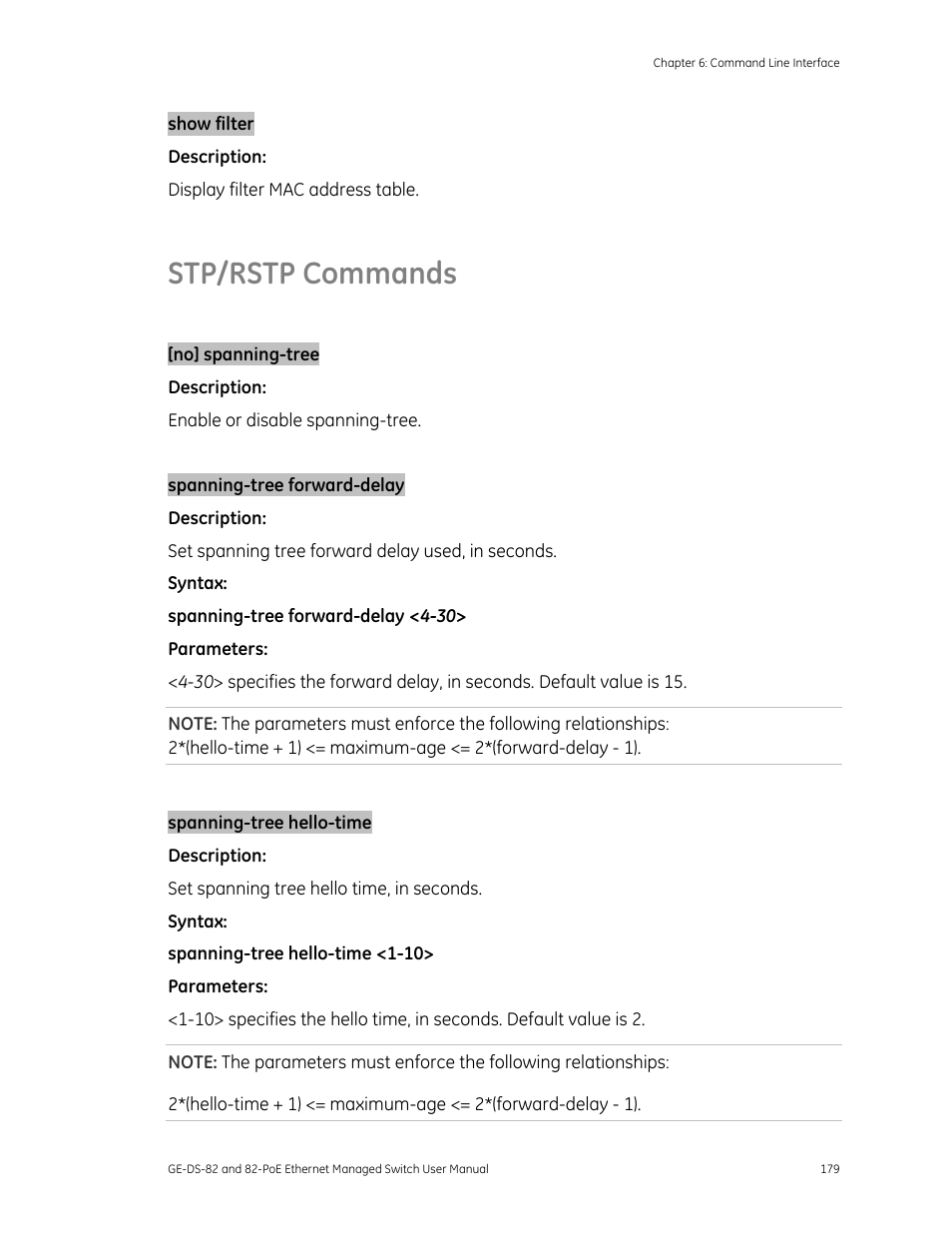 Stp/rstp commands, Stp/rstp commands 179 | GE DS-82 User Manual | Page 183 / 226