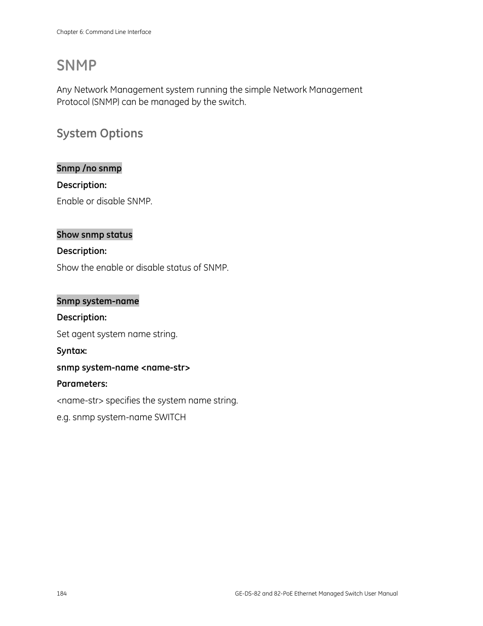 Snmp, System options | GE DS-82 User Manual | Page 188 / 226