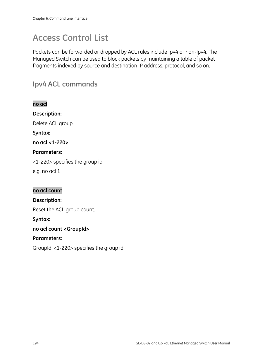 Access control list, Ipv4 acl commands | GE DS-82 User Manual | Page 198 / 226