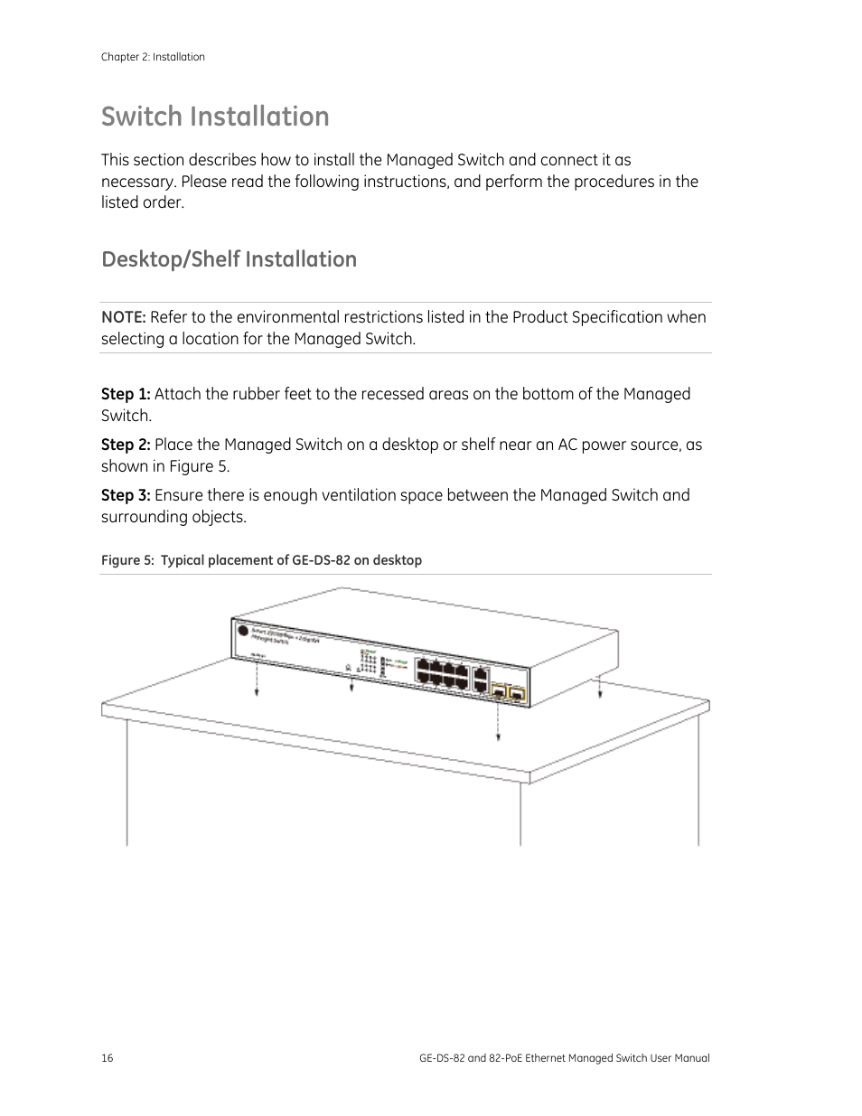 Switch installation, Desktop/shelf installation, Llation 16 | GE DS-82 User Manual | Page 20 / 226