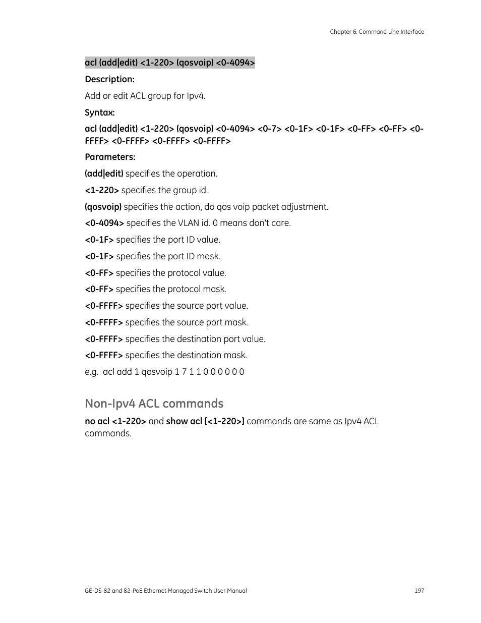Non-ipv4 acl commands | GE DS-82 User Manual | Page 201 / 226