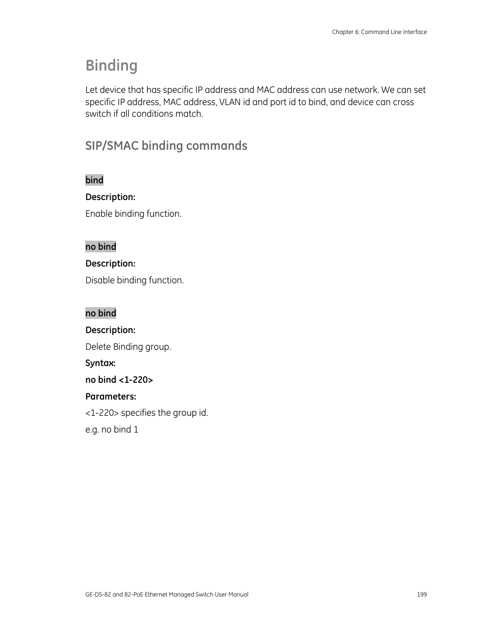 Binding, Sip/smac binding commands | GE DS-82 User Manual | Page 203 / 226
