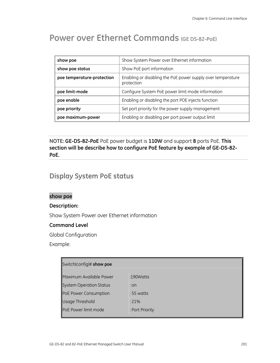 Power over ethernet commands (ge ds-82-poe), Display system poe status, Power over ethernet commands | GE DS-82 User Manual | Page 205 / 226