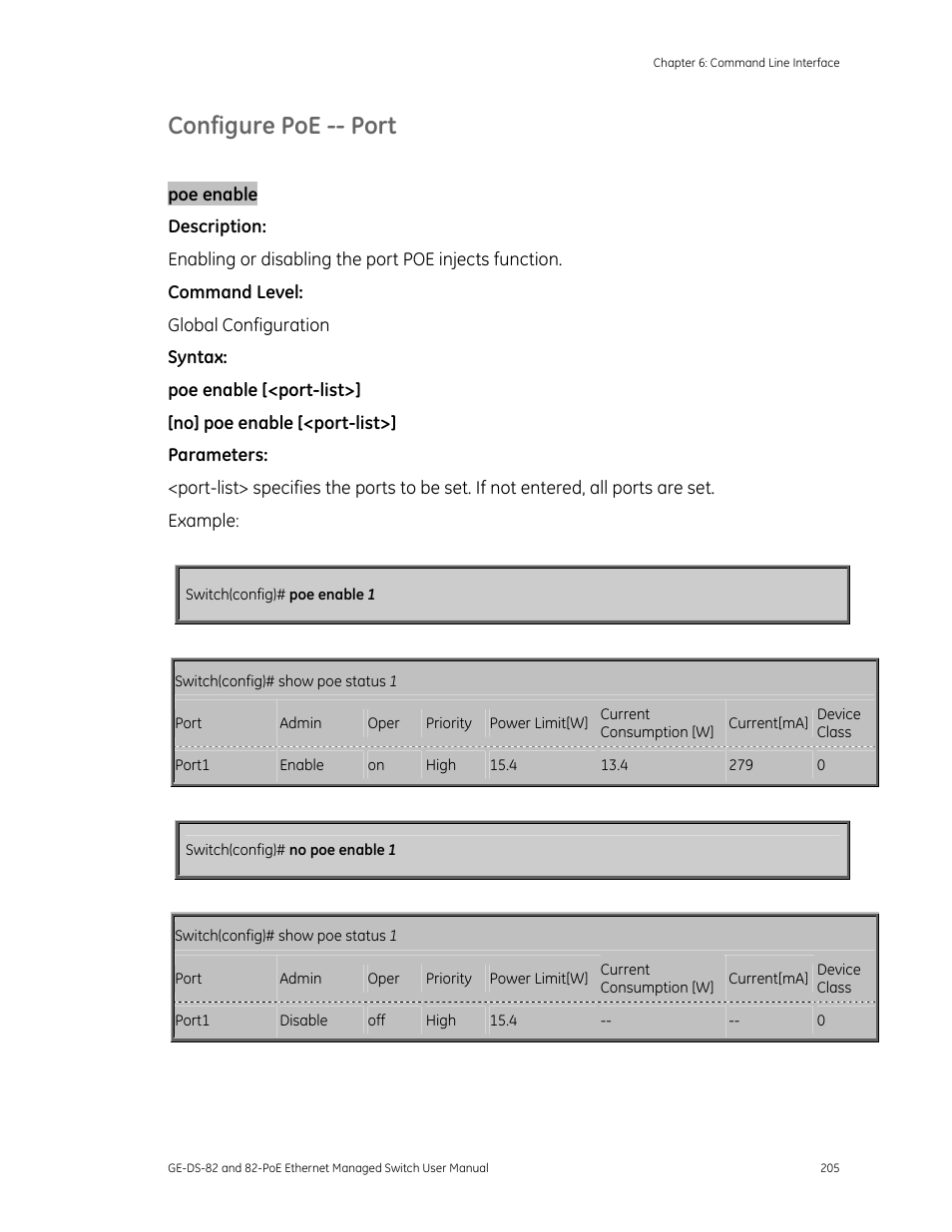 Configure poe -- port | GE DS-82 User Manual | Page 209 / 226