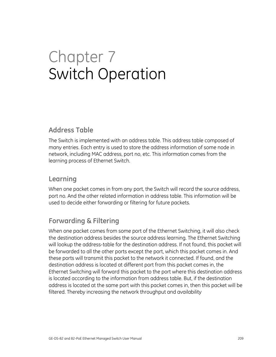 Address table, Learning, Forwarding & filtering | Chapter 7 switch operation | GE DS-82 User Manual | Page 213 / 226