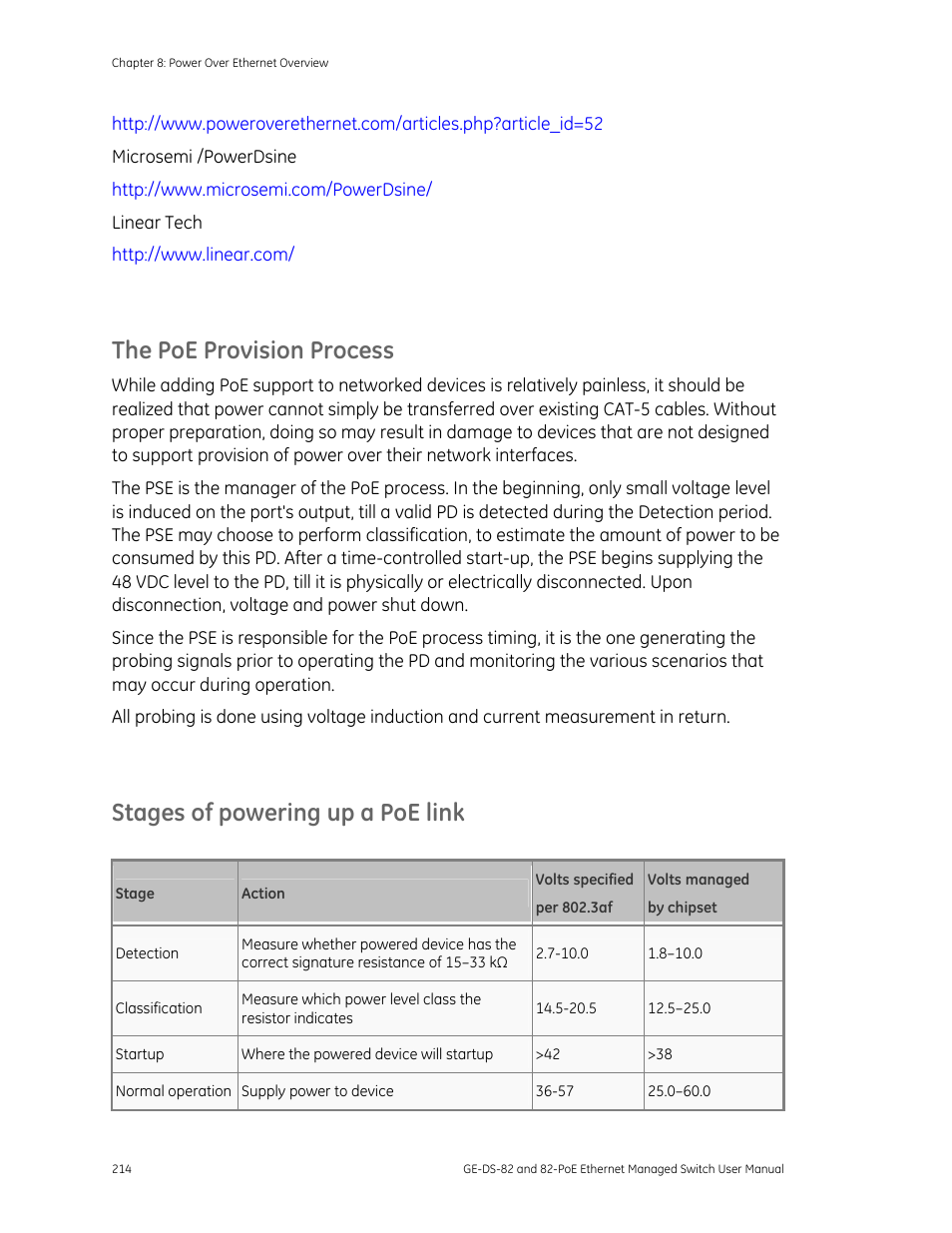 The poe provision process, Stages of powering up a poe link | GE DS-82 User Manual | Page 218 / 226
