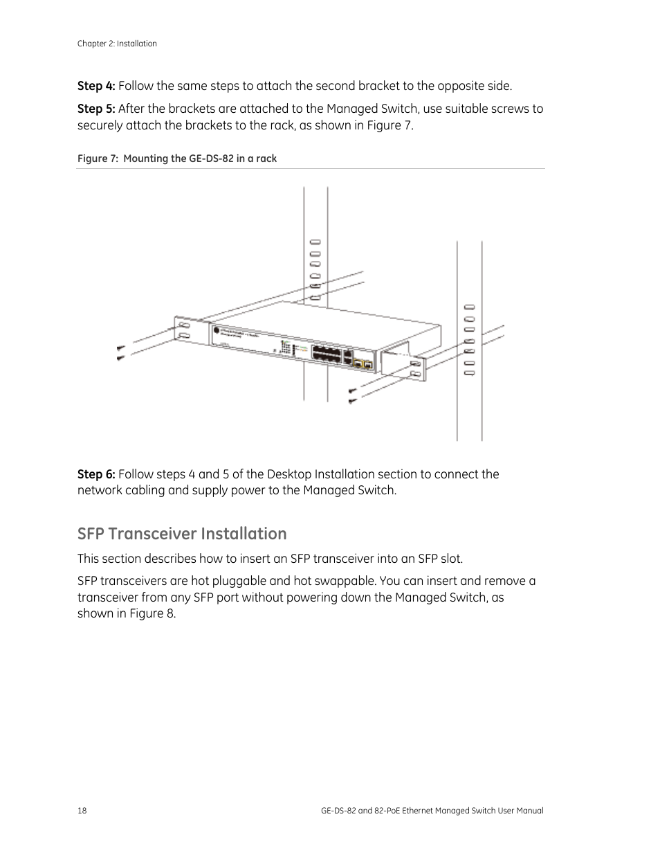 Sfp transceiver installation | GE DS-82 User Manual | Page 22 / 226