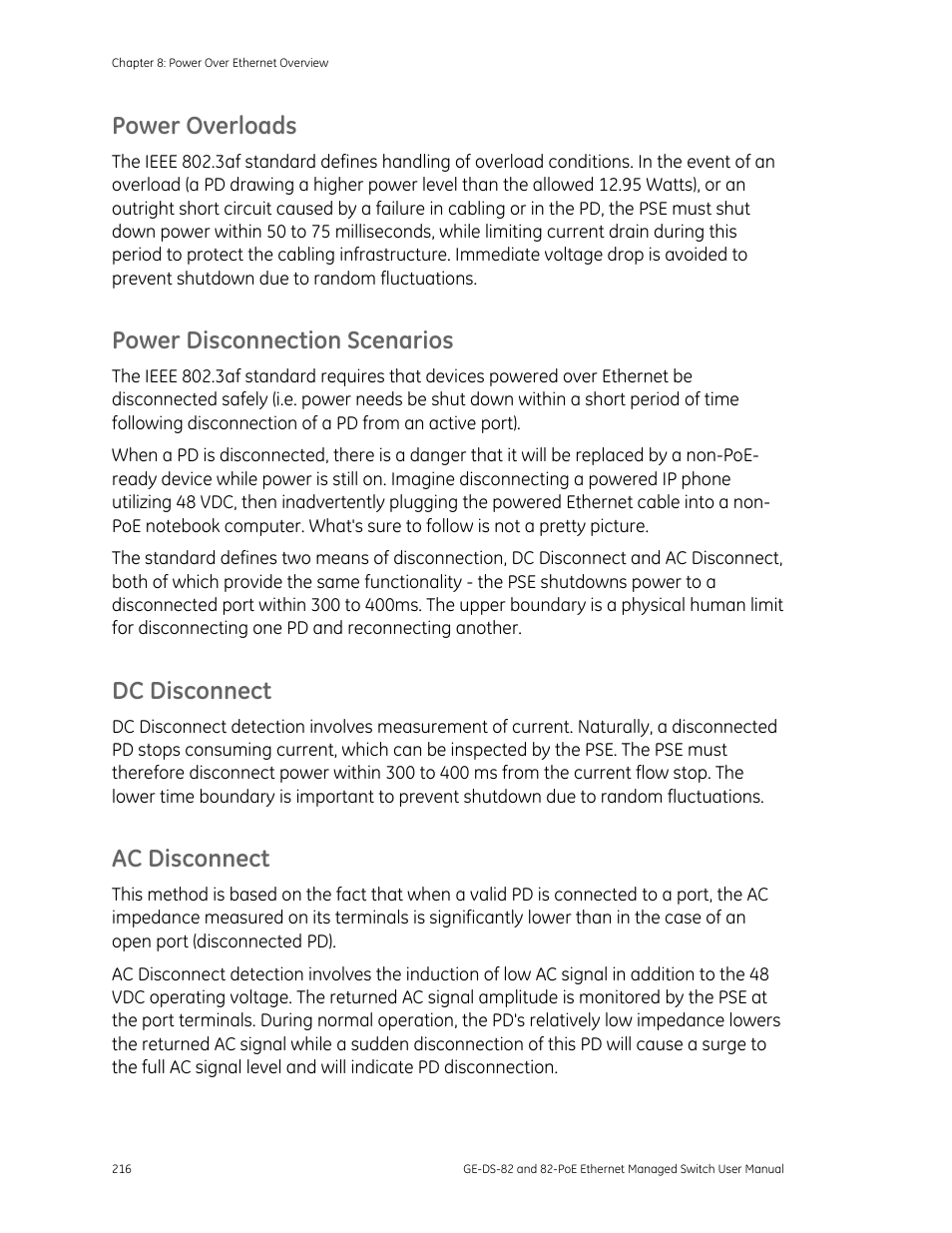 Power overloads, Power disconnection scenarios, Dc disconnect | Ac disconnect | GE DS-82 User Manual | Page 220 / 226