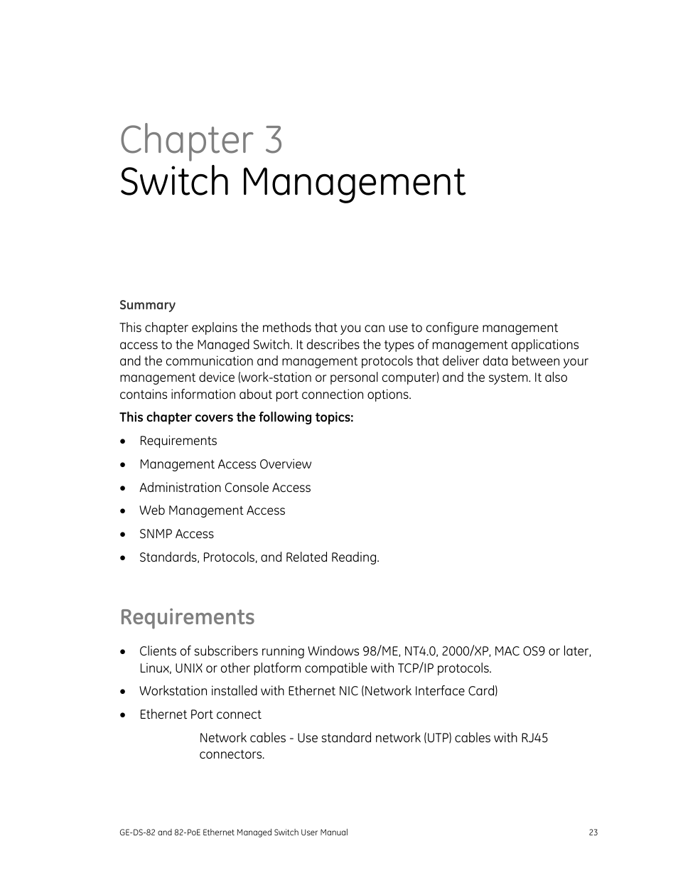 Summary, Requirements, Ts 23 | Chapter 3 switch management | GE DS-82 User Manual | Page 27 / 226