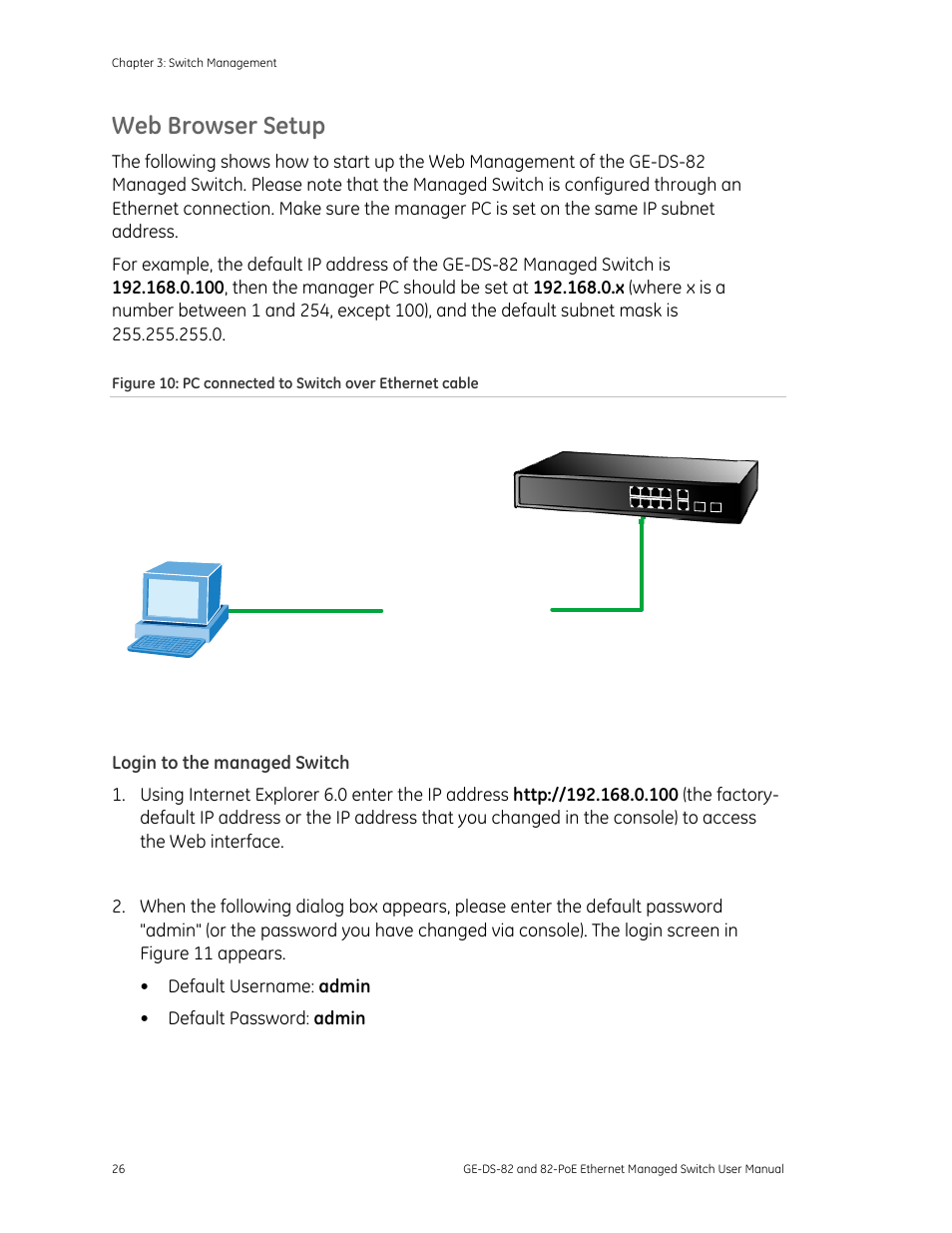 Web browser setup, Managed switch | GE DS-82 User Manual | Page 30 / 226