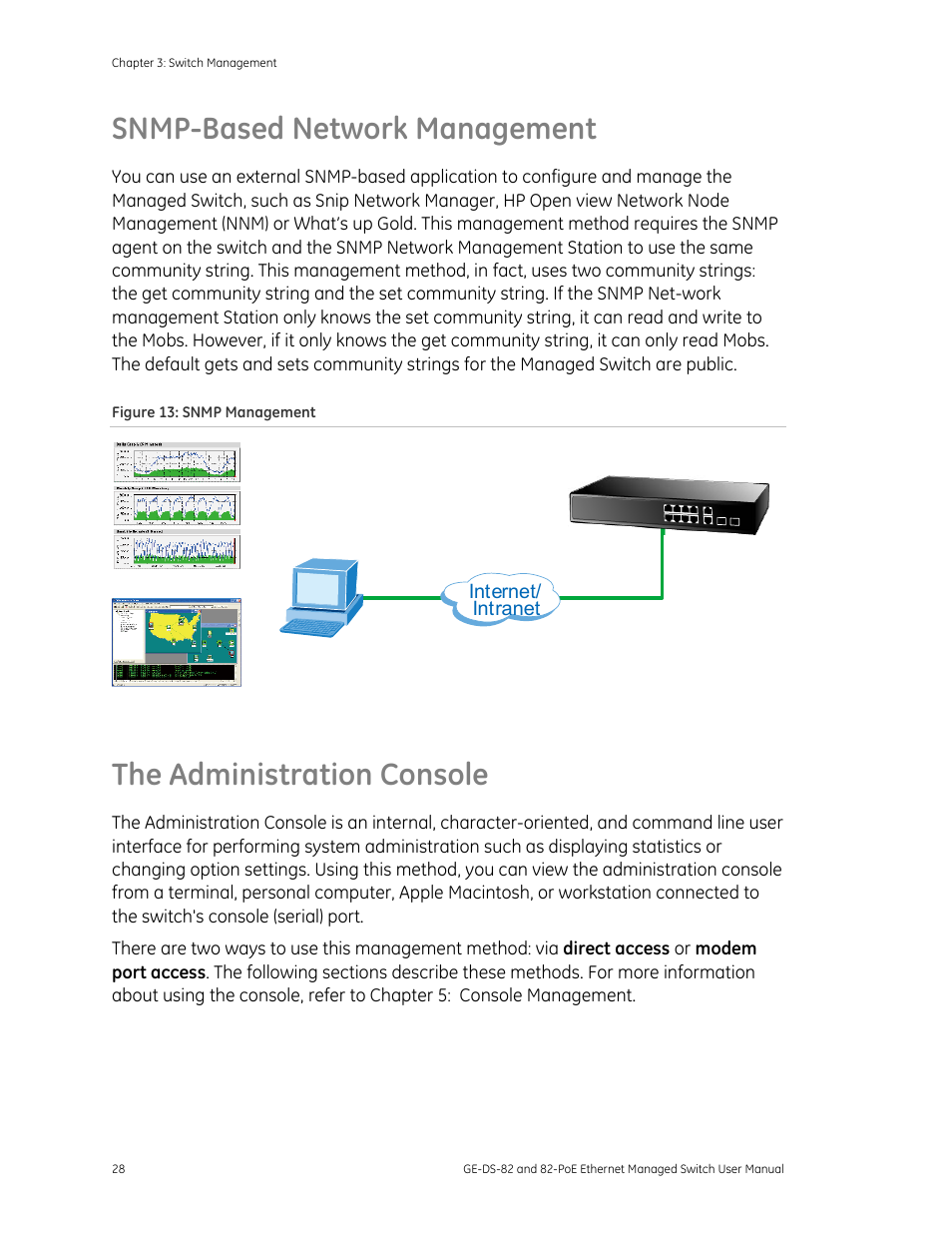 Snmp-based network management, The administration console, Snmp-based network management 28 | Ole 28 | GE DS-82 User Manual | Page 32 / 226