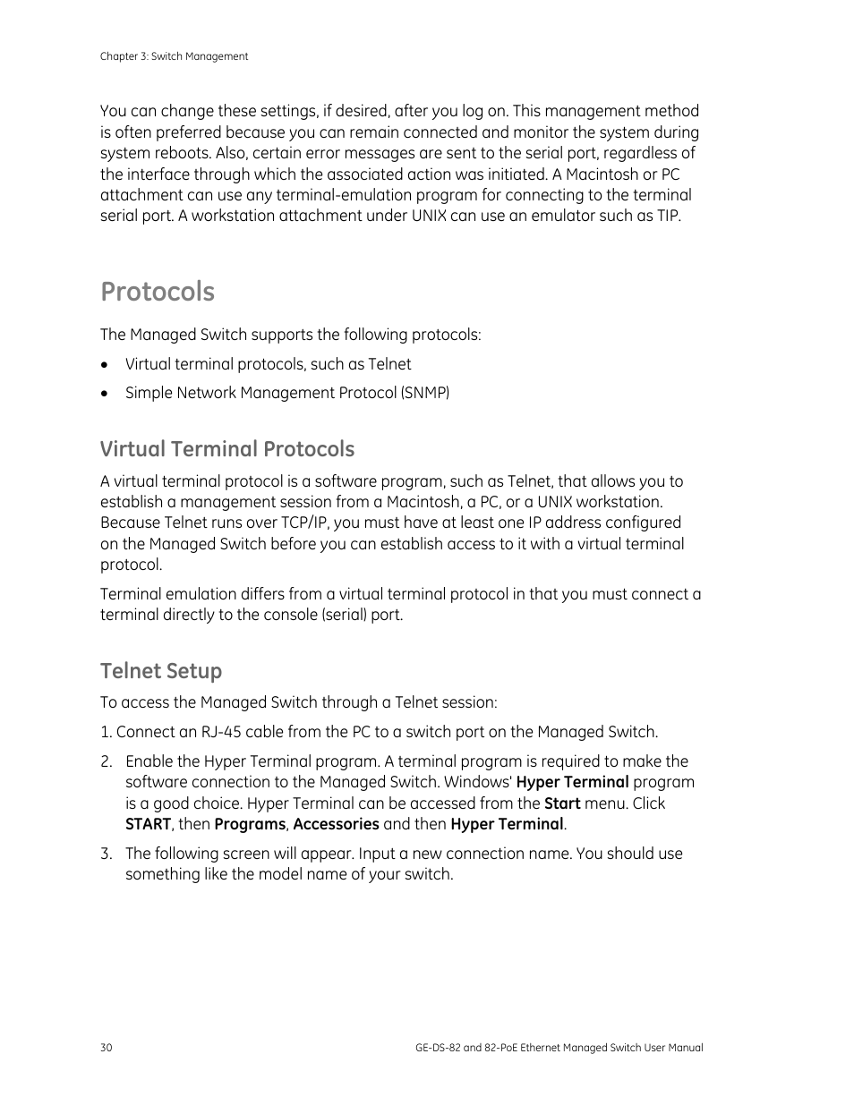 Protocols, Virtual terminal protocols, Telnet setup | GE DS-82 User Manual | Page 34 / 226