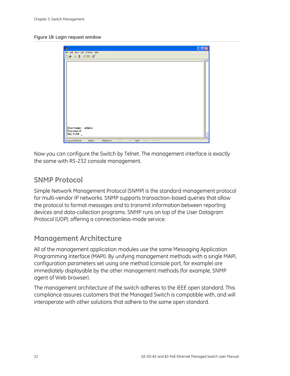 Snmp protocol, Management architecture | GE DS-82 User Manual | Page 36 / 226