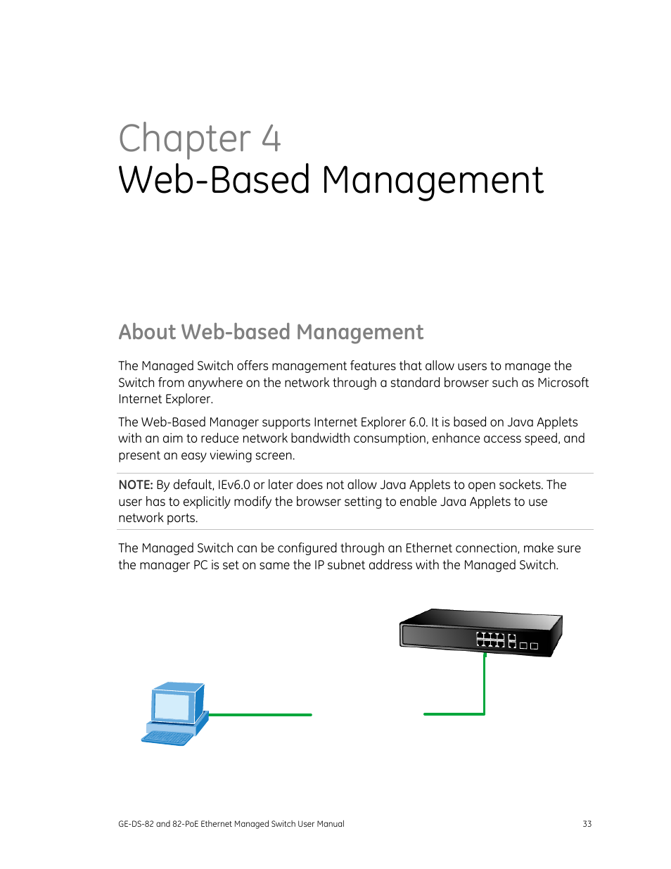 About web-based management, About web-based management 33, Chapter 4 web-based management | GE DS-82 User Manual | Page 37 / 226