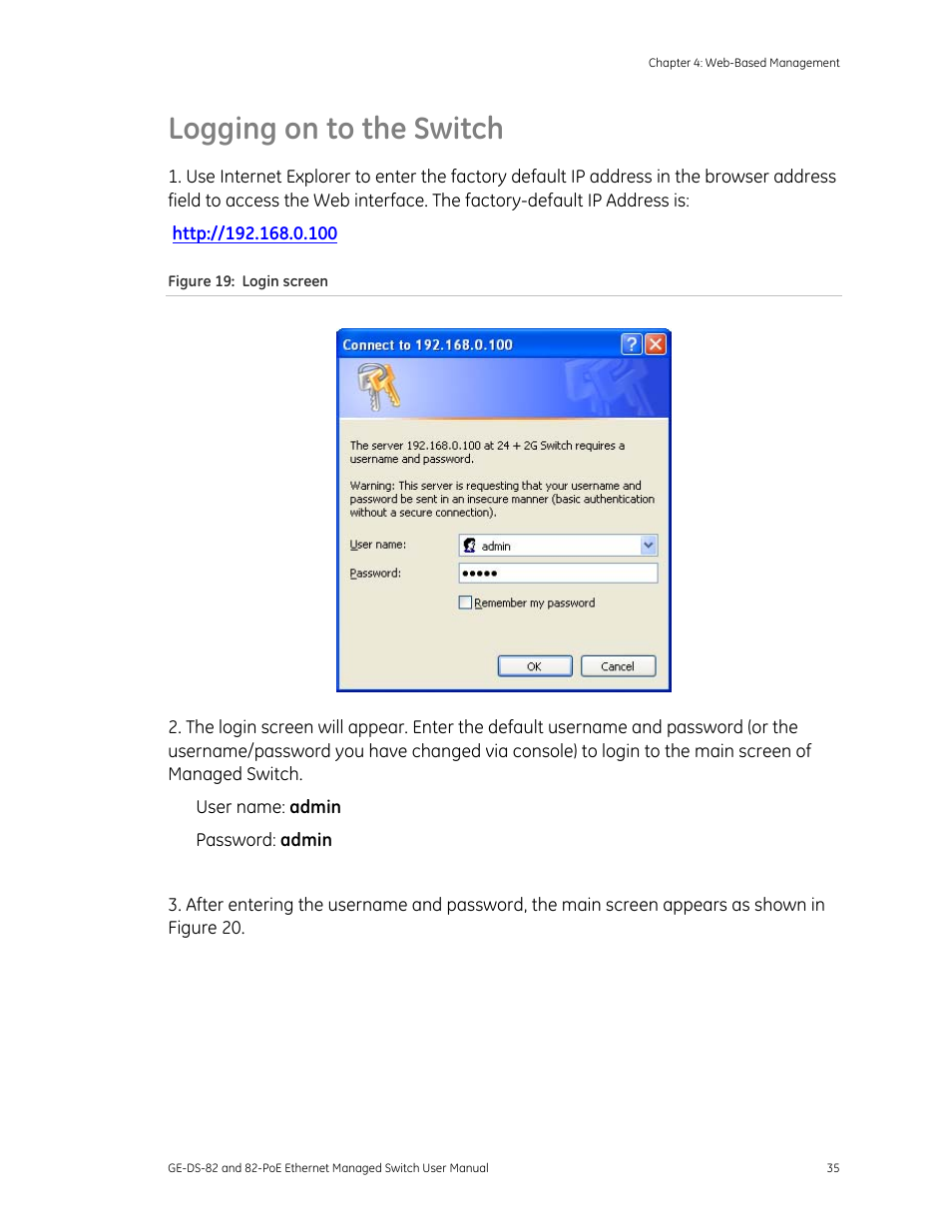 Logging on to the switch, Logging on to the switch 35 | GE DS-82 User Manual | Page 39 / 226