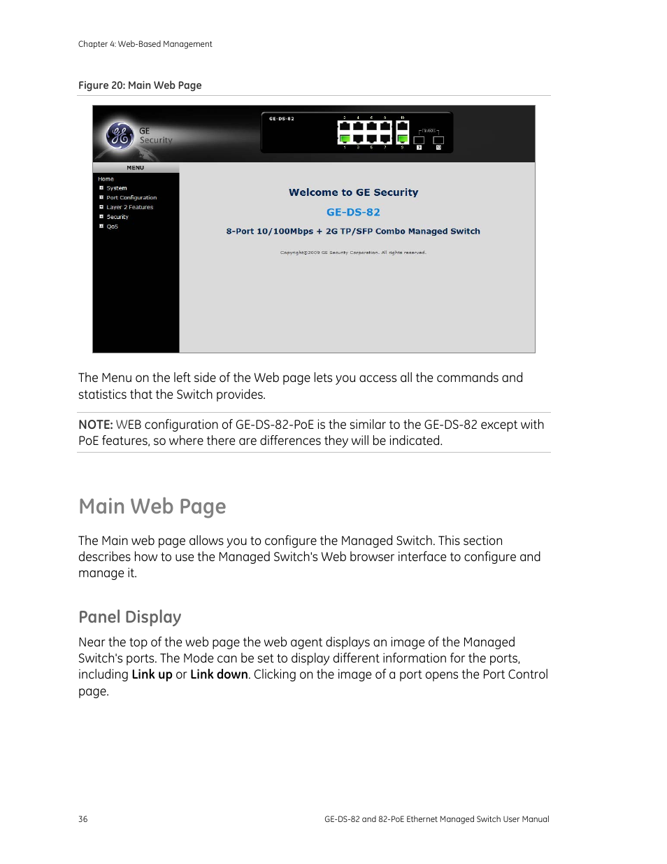 Panel display, Main web page | GE DS-82 User Manual | Page 40 / 226