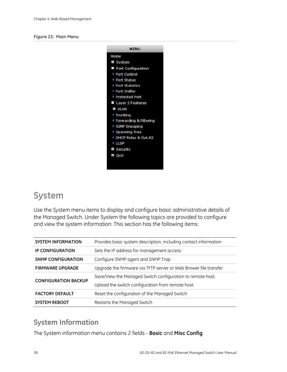System, System information, System 38 | GE DS-82 User Manual | Page 42 / 226