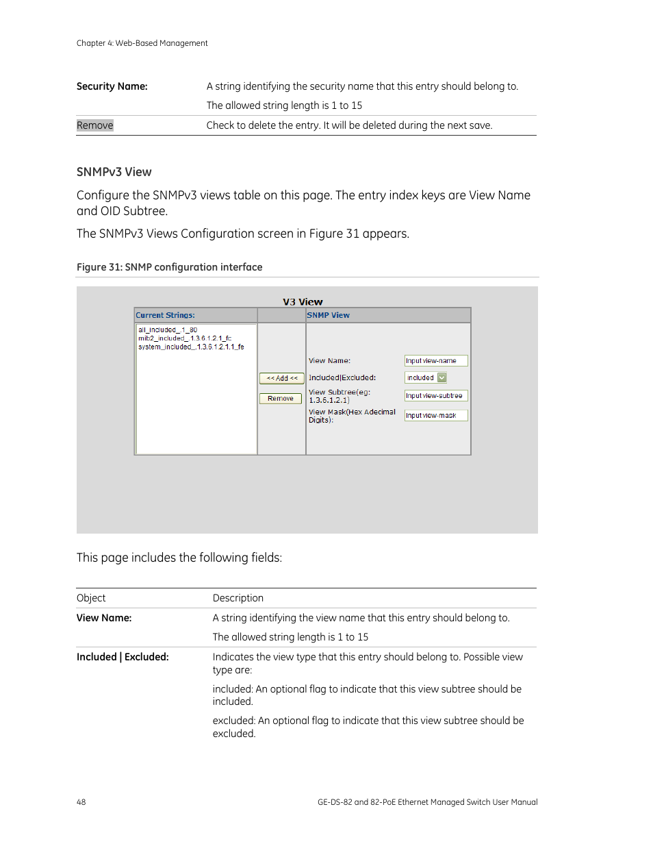 Snmpv3 view | GE DS-82 User Manual | Page 52 / 226