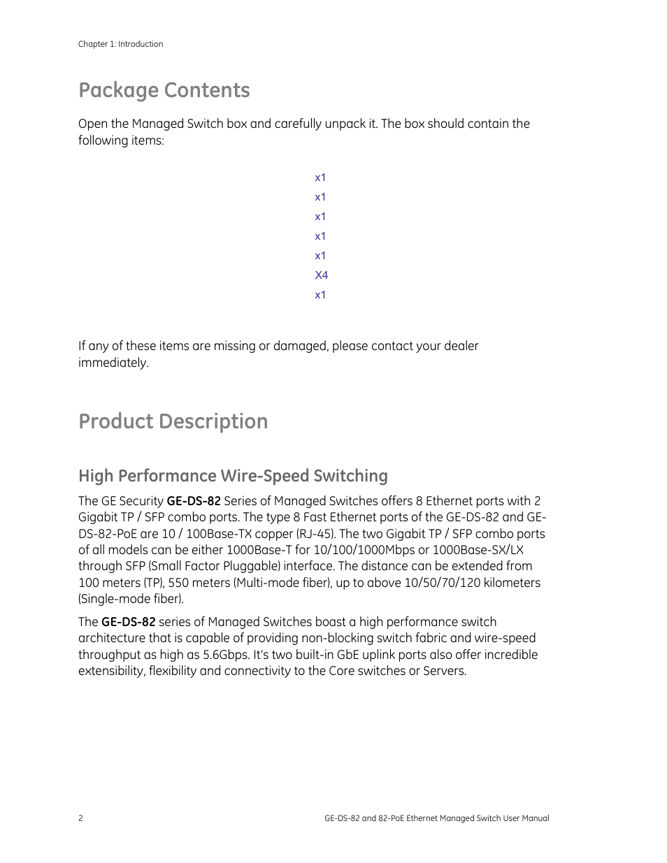 Package contents, Product description, High performance wire-speed switching | Package contents 2 | GE DS-82 User Manual | Page 6 / 226