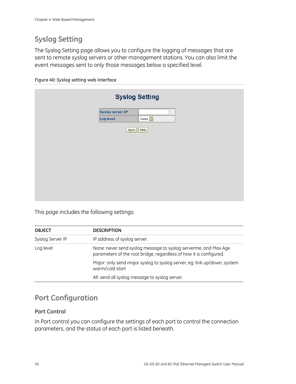 Syslog setting, Port configuration | GE DS-82 User Manual | Page 60 / 226