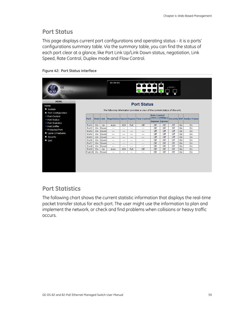 Port status, Port statistics | GE DS-82 User Manual | Page 63 / 226