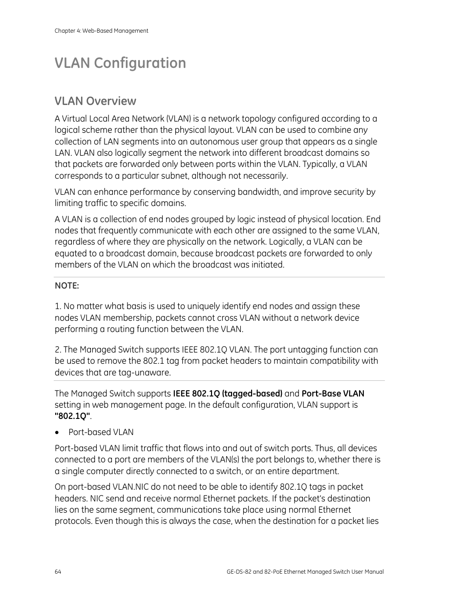Vlan configuration, Vlan overview | GE DS-82 User Manual | Page 68 / 226