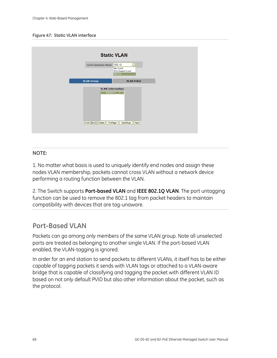 Port-based vlan | GE DS-82 User Manual | Page 72 / 226