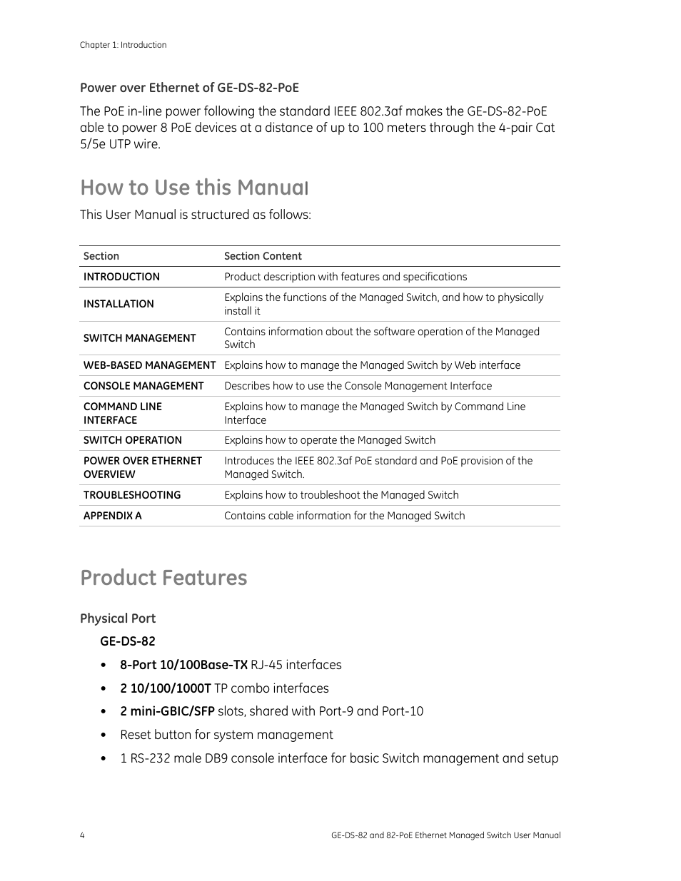 Power over ethernet of ge-ds-82-poe, How to use this manual, Product features | Physical port, How to use this manua | GE DS-82 User Manual | Page 8 / 226