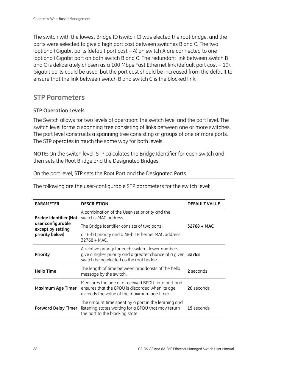 Stp parameters | GE DS-82 User Manual | Page 92 / 226