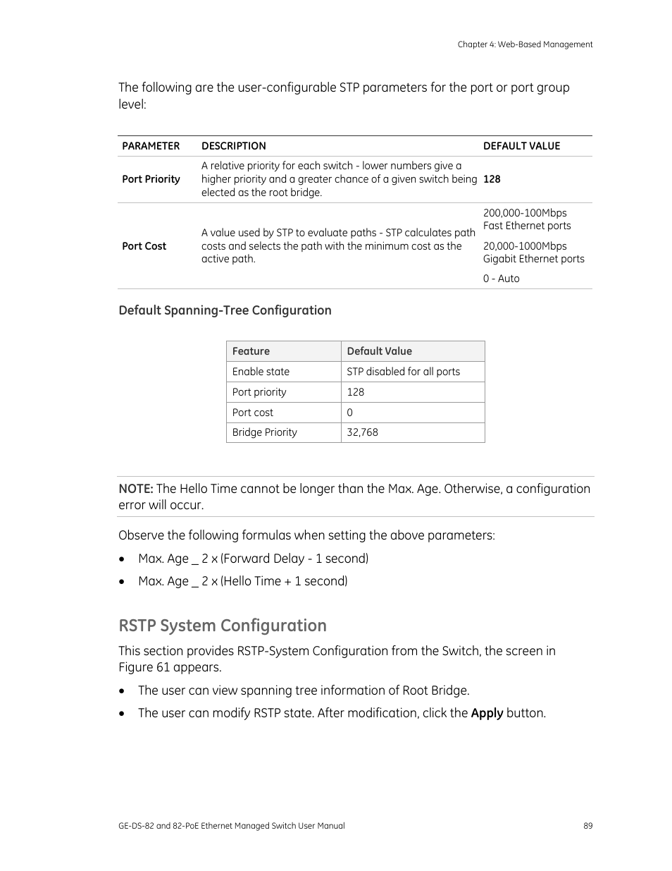 Rstp system configuration | GE DS-82 User Manual | Page 93 / 226