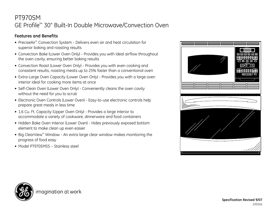 Pt970sm, Ge profile, 30" built-in double microwave/convection oven | GE PT970SM User Manual | Page 2 / 2