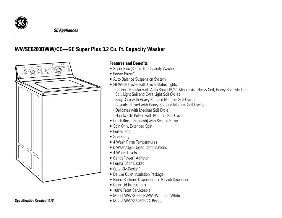 GE Profile WWSE6260BCC User Manual | Page 2 / 2