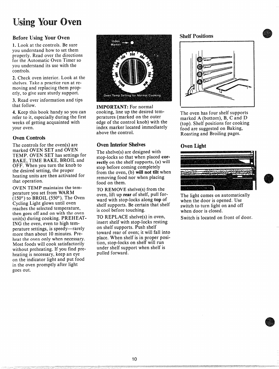 Using your oven, Before using your oven, Oven controls | Oven interior shelves, Shelf positions, Oven light, Before using your range | GE JHC56G User Manual | Page 10 / 27