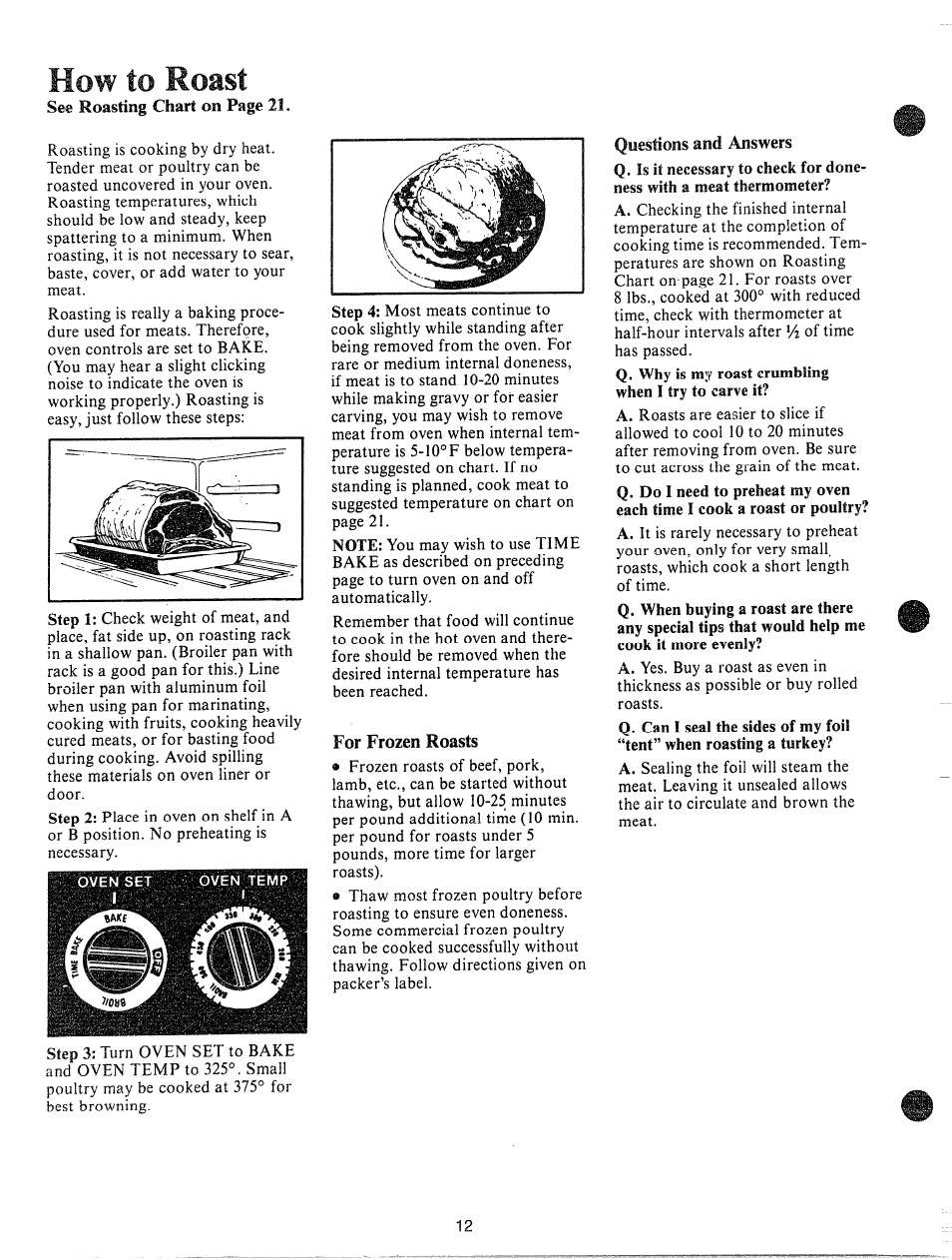 For frozen roasts, Roast, How to | Ven set, Oven temp | GE JHC56G User Manual | Page 12 / 27
