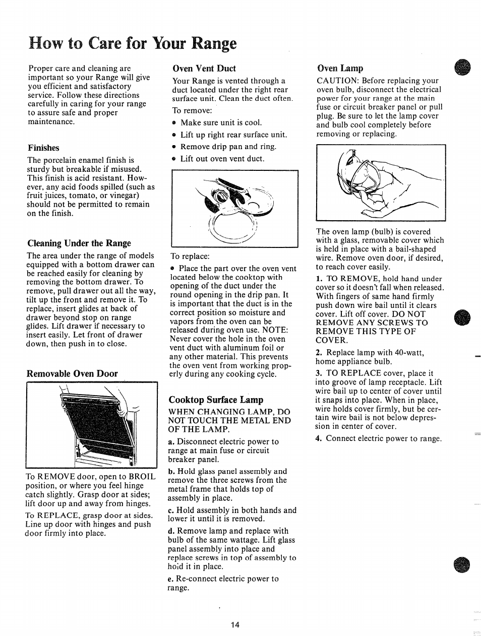 Finishes, Cleaning under the range, Removable oven door | Oven vent duct, Cooktop surface lamp, Range, How to care for your | GE JHC56G User Manual | Page 14 / 27