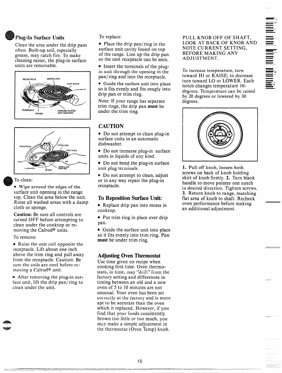 Fiug-in surface units, Caution, To reposition surface unit | Adjusting oven thermostat, Ul^ tut tuii» ait tuui utiuit it | GE JHC56G User Manual | Page 15 / 27