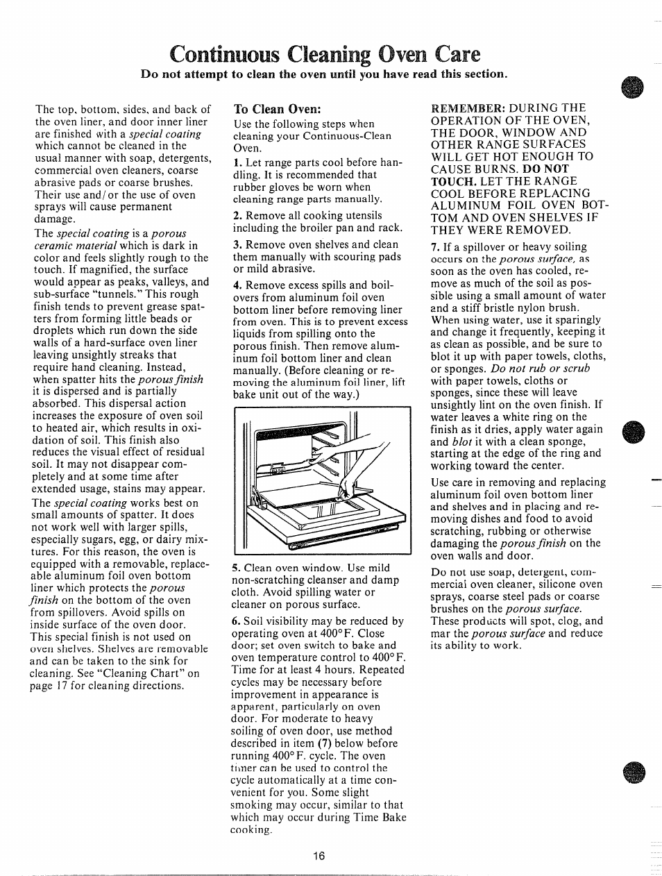 To clean oven, Continuous cleaning oven care | GE JHC56G User Manual | Page 16 / 27