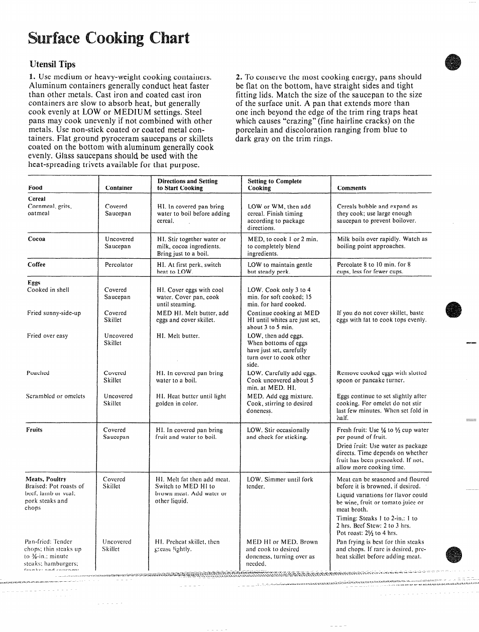 Surface cooking chart, Surface cooking -8 | GE JHC56G User Manual | Page 18 / 27