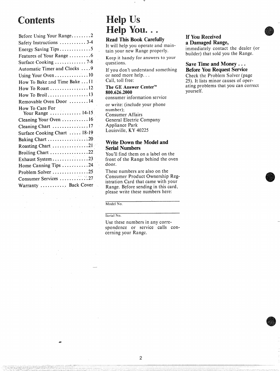Help you, Read this book carefully, Write down the model and serial numbers | If you received a damaged range, Save time and money, Before you request service | GE JHC56G User Manual | Page 2 / 27