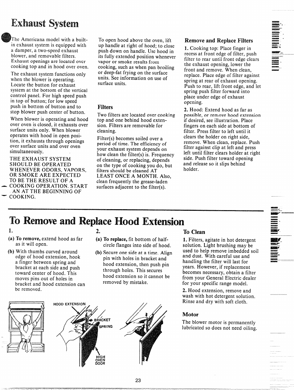 Remove and replace filters, Filters, To clean | Motor, Exhaust system | GE JHC56G User Manual | Page 23 / 27
