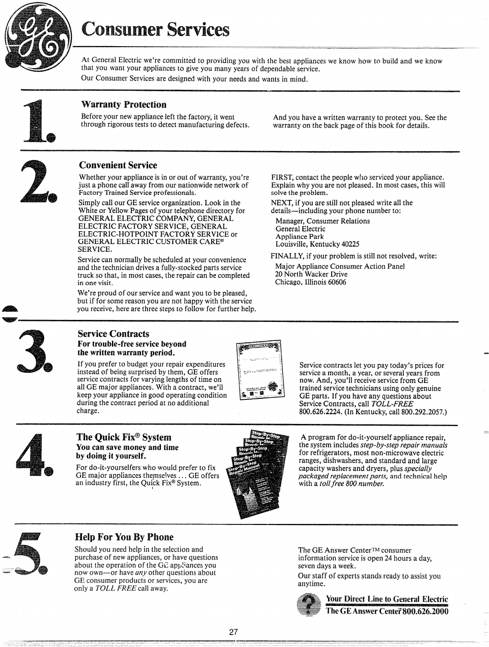 Consumer services, Warranty rrotection, Convenient service | Service contracts, The quick fix® system, Help for you by phone | GE JHC56G User Manual | Page 26 / 27