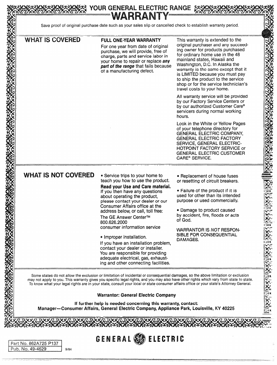 Your generaljelecjmc range, Wakhafy i, What is covered what is not covered | GE JHC56G User Manual | Page 27 / 27