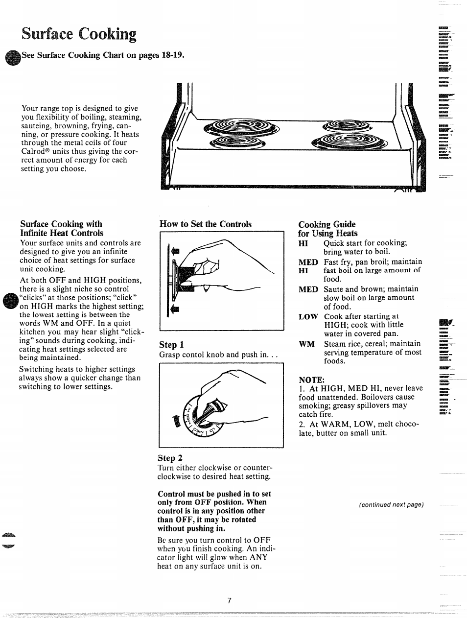 Surface cooking with infinite heat controls, Cooking guide for using heats, Surface cooking | GE JHC56G User Manual | Page 7 / 27